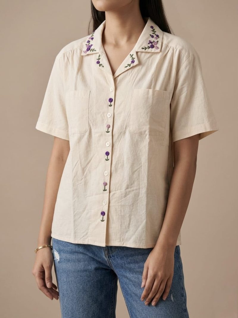 Hand embroidered palm collar shirt