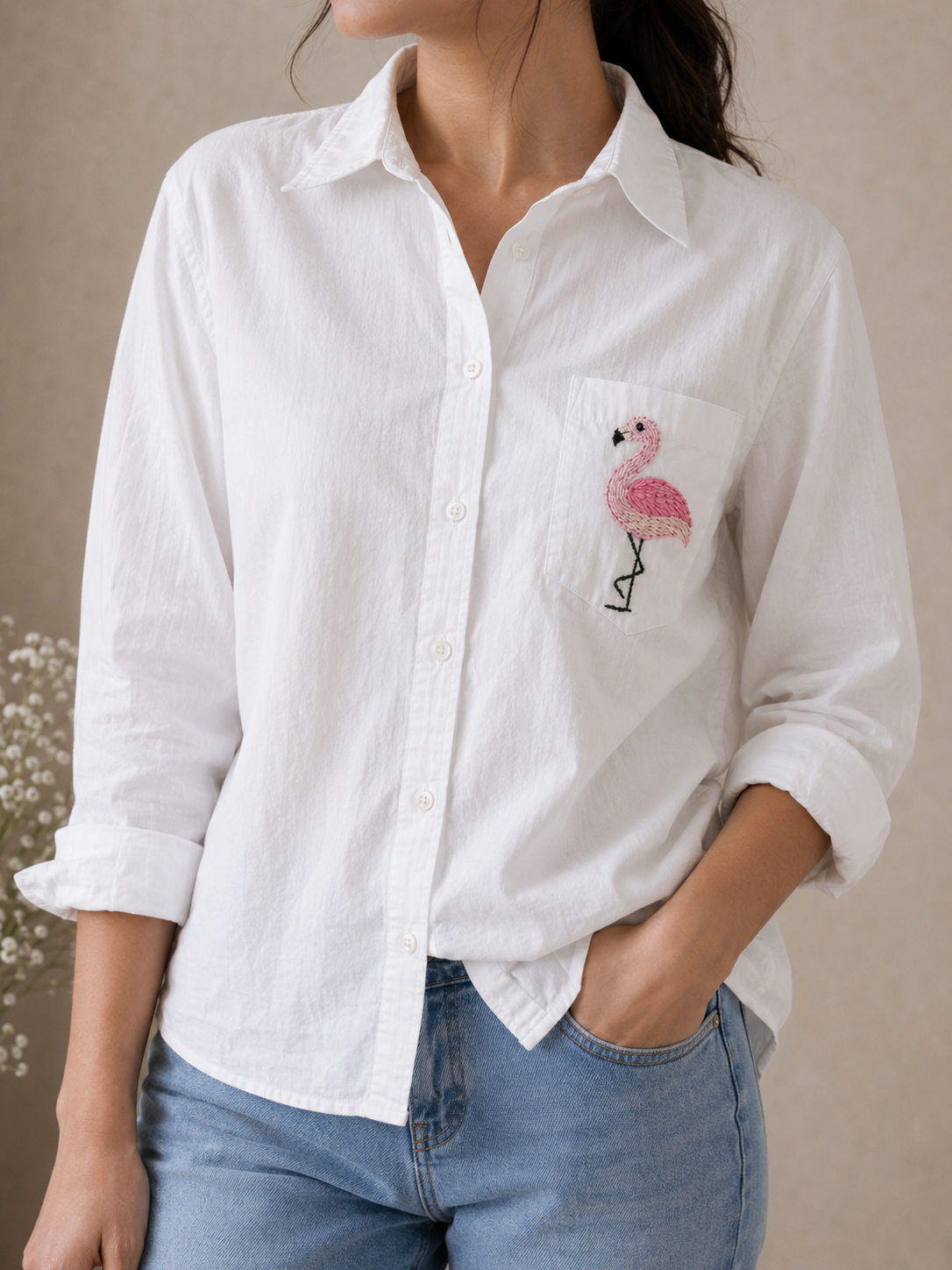 Hand embroidered flamingo shirt