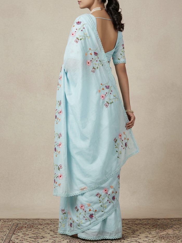 Hand embroidered blue floral sari